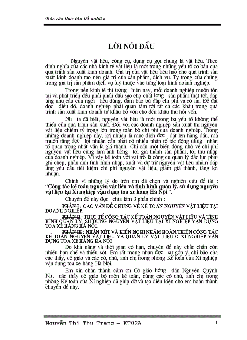 Công tác kế toán nguyên vật liệu và tình hình quản lý sử dụng nguyên vật liệu tại Xí nghiệp vận dụng toa xe hàng Hà Nội 1