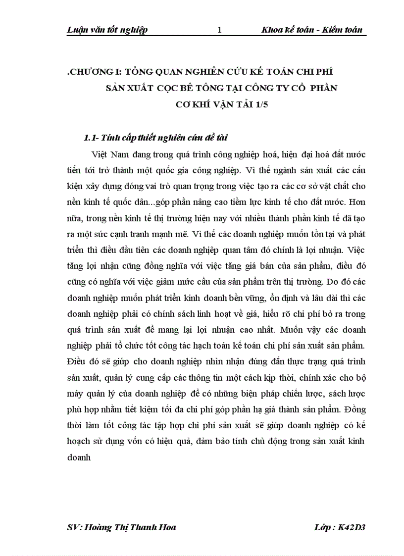 Kế toán chi phí sản xuất sản phẩm cọc bê tông tại công ty cổ phần cơ khí vận tải 1 5