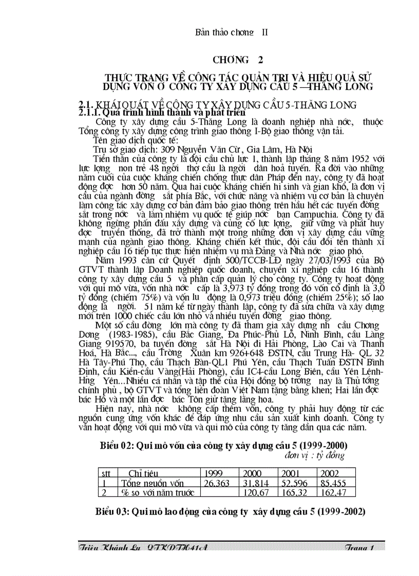 Thực trạng về công tác quản trị và hiệu quả sử dụng vốn ở công ty xây dựng cầu 5 Thăng long 1