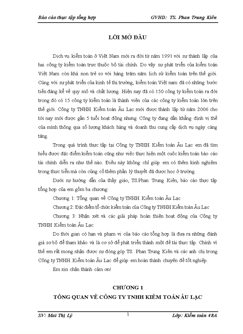 Báo cáo thực tập tại Công ty TNHH Kiểm toán Âu Lạc