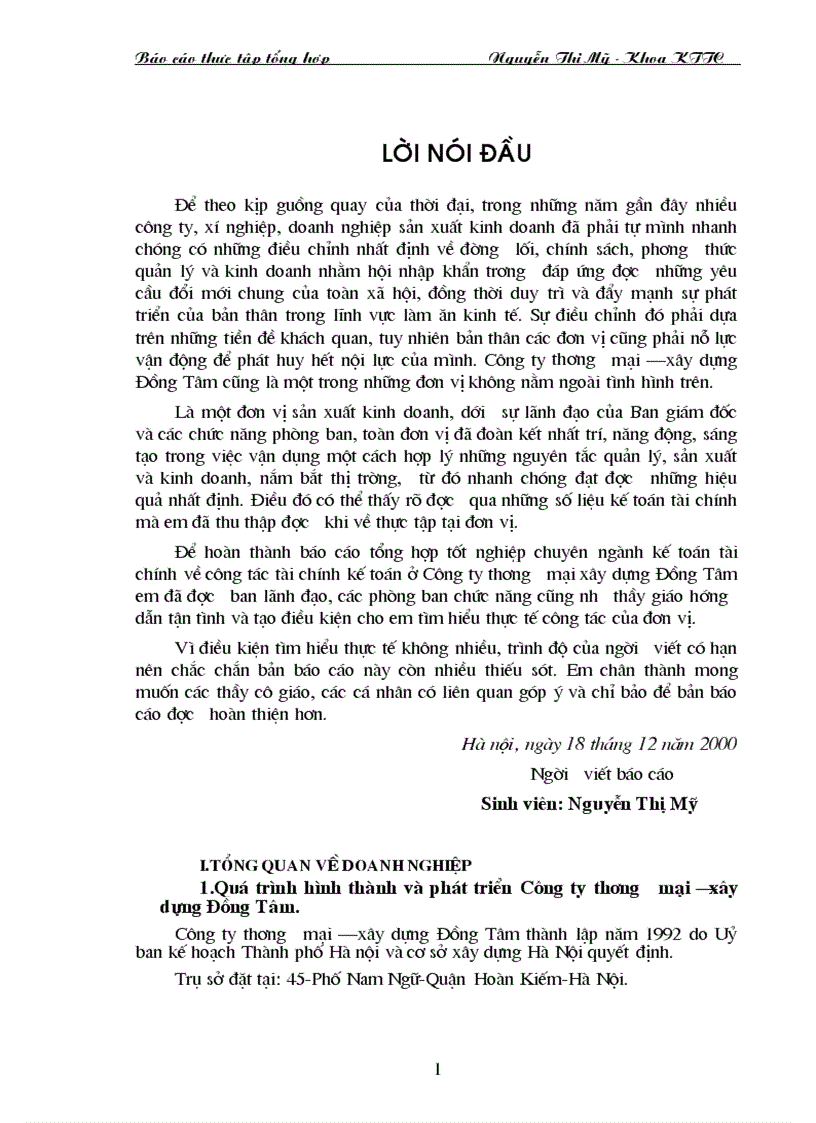 Báo cáo tổng hợp tốt nghiệp về công tác tài chính kế toán ở Công ty thương mại xây dựng Đồng Tâm