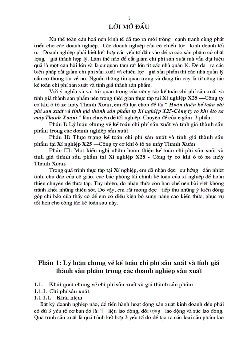 Hoàn thiện kế toán chi phí sản xuất và tính giá thành sản phẩm tạ Xí nghiệp X25 Công ty cơ khí ôtô xe máy Thanh Xuân