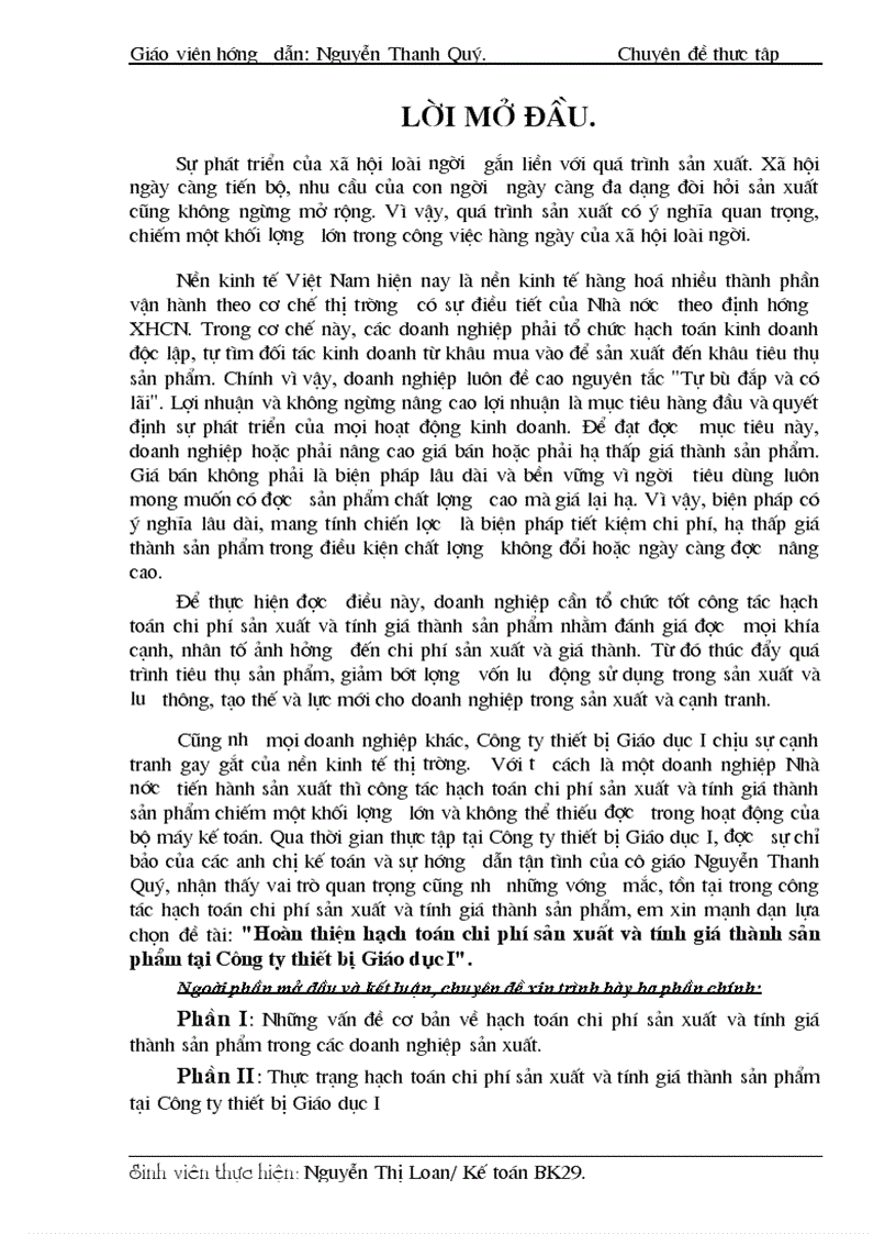 Hoàn thiện hạch toán chi phí sản xuất và tính giá thành sản phẩm tại Công ty thiết bị Giáo dục I 1