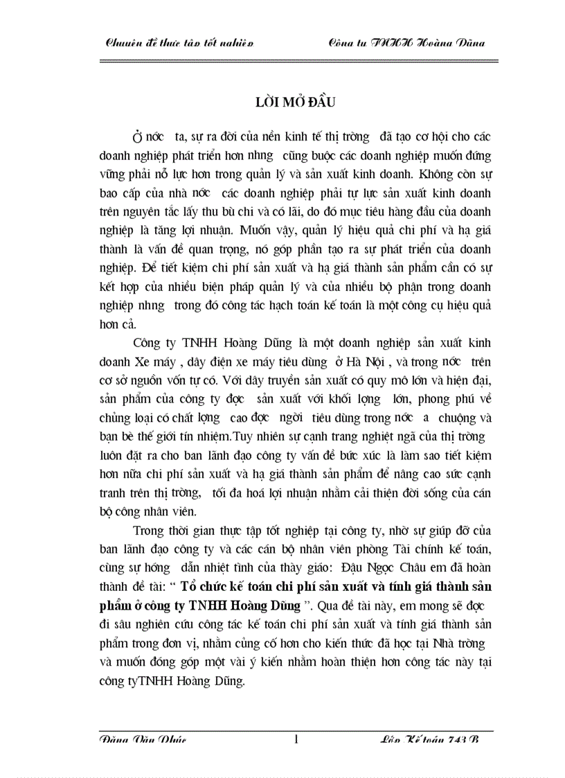 Tổ chức kế toán chi phí sản xuất và tính giá thành sản phẩm ở công ty TNHH Hoàng Dũng 1
