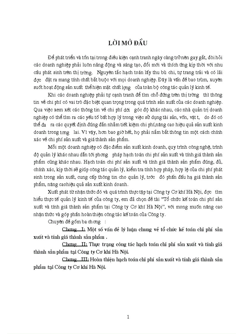 Tổ chức kế toán chi phí sản xuất và tính giá thành sản phẩm tại Công ty Cơ khí Hà Nội 1