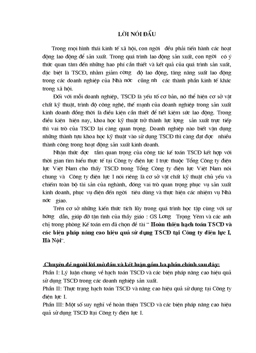 Hoàn thiện hạch toán TSCĐ và các biện pháp nâng cao hiệu quả sử dụng TSCĐ tại Công ty điện lực I Hà Nội 1