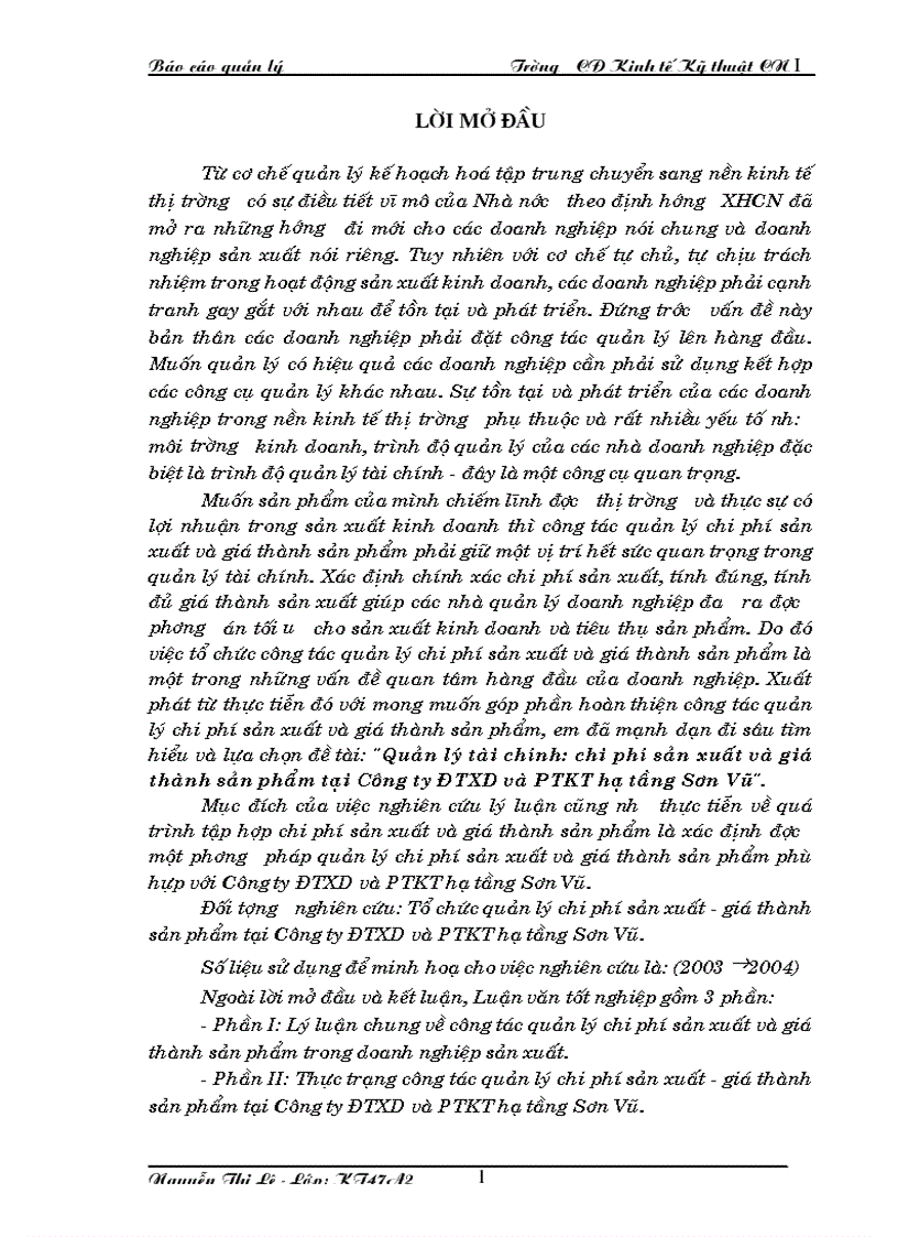 Một số đề xuất quản lý chi phí sản xuất và giá thành sản phẩm của công ty ĐTXD PTKT hạ tầng sơn vũ