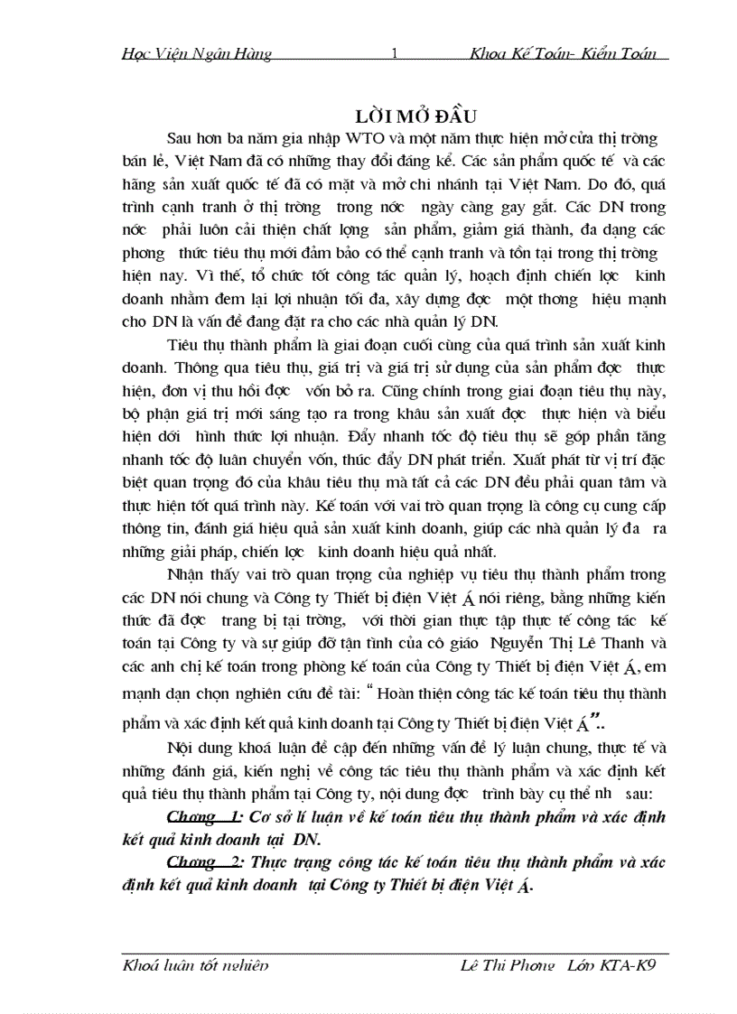 Giải pháp hoàn thiện công tác kế toán tiêu thụ thành phẩm và xác định kết quả kinh doanh tại Công ty Thiết bị điện Việt á