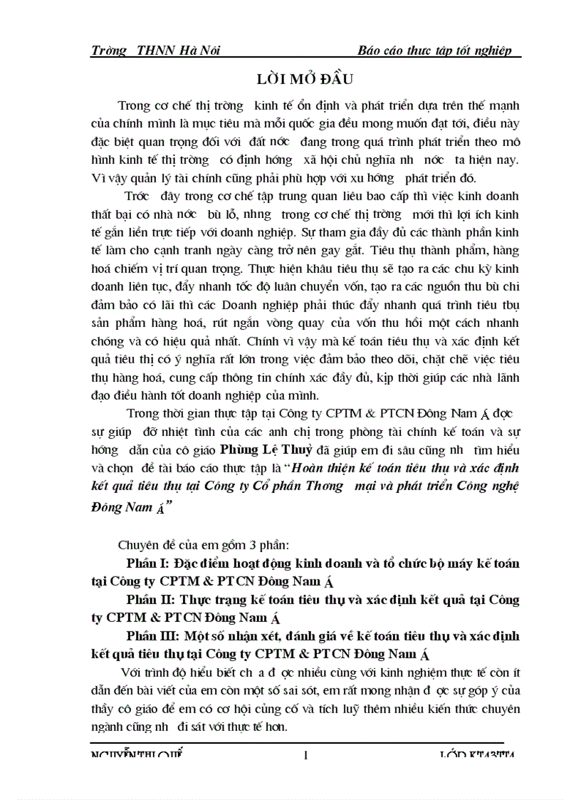 Hoàn thiện kế toán tiêu thụ và xác định kết quả tiêu thụ tại Công ty Cổ phần Thương mại và phát triển Công nghệ Đông Nam 1