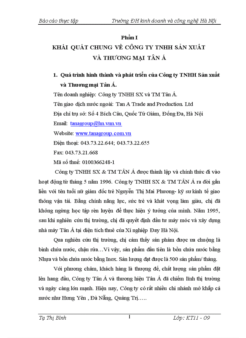 Báo cáo thực tập tại Công ty TNHH SX và TM Tân Á