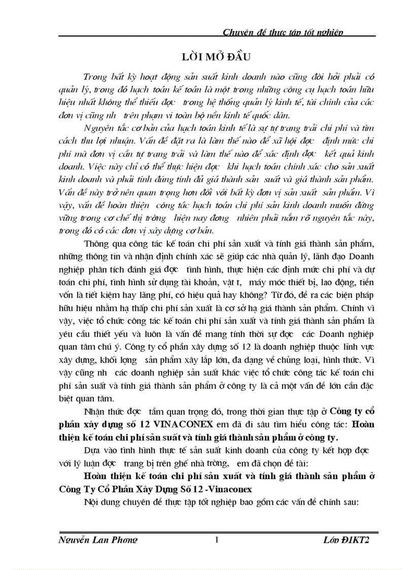 Hoàn thiện kế toán chi phí sản xuất và tính giá thành sản phẩm ở Công Ty Cổ Phần Xây Dựng Số 12 Vinaconex 1