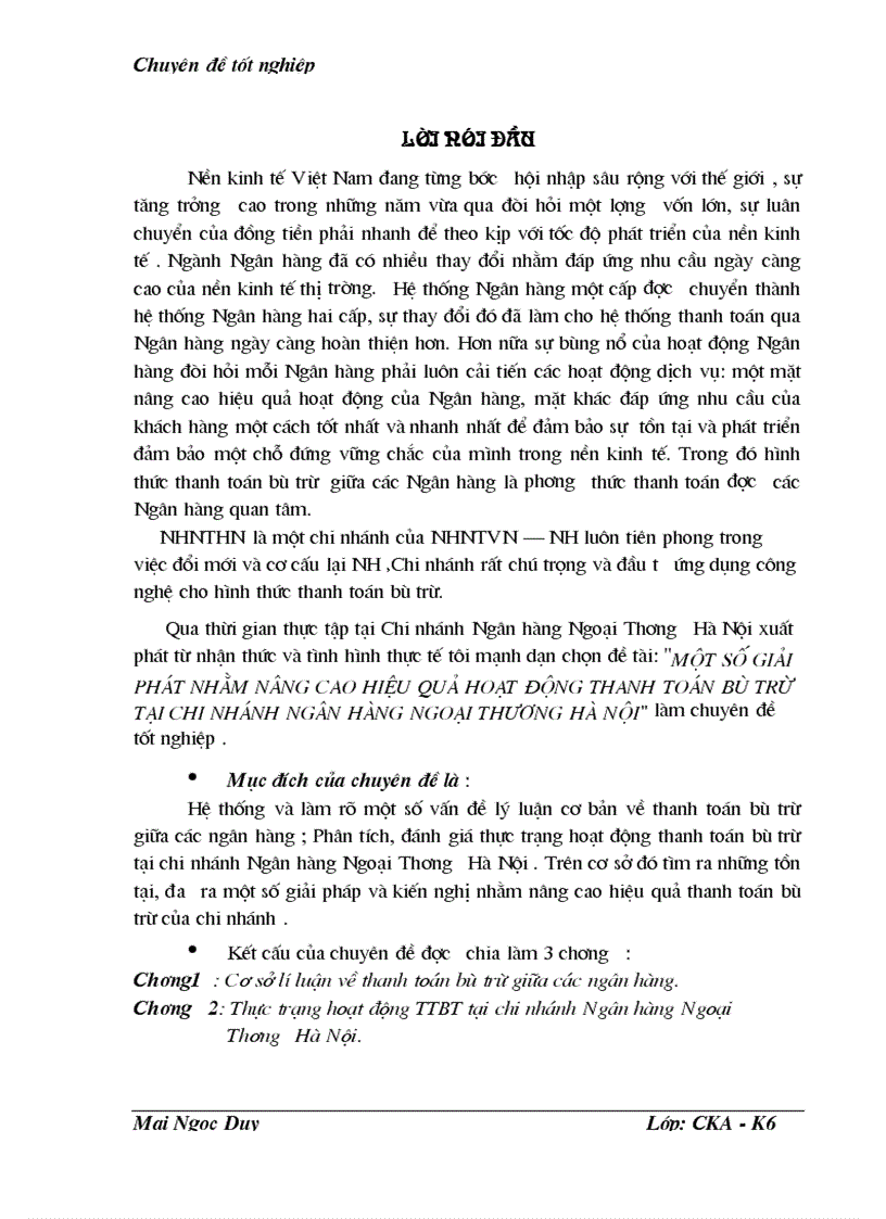 Một số giải phát nhằm nâng cao hiệu quả hoạt động thanh toán bù trừ tại chi nhánh ngân hàng Ngoại Thương Hà Nội 1