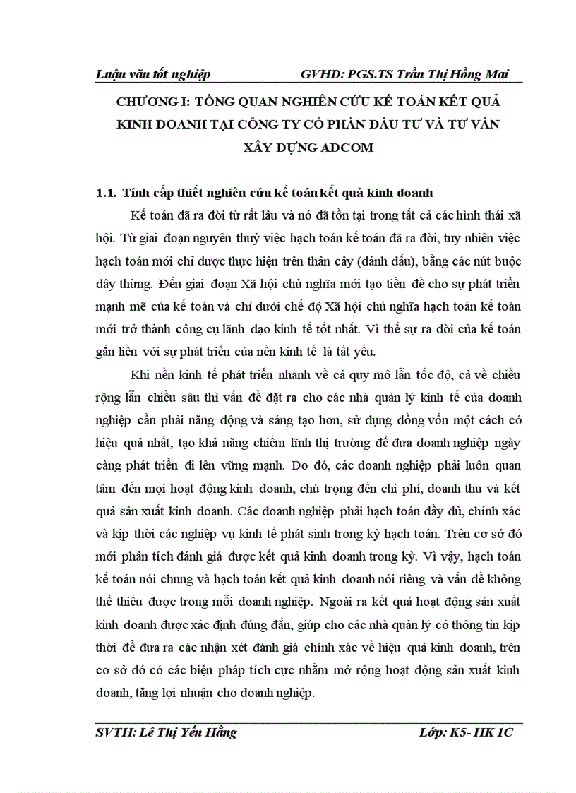 Nội dung và phương pháp kế toán kết quả kinh doanh tại Công ty cổ phần đầu tư và tư vấn xây dựng ADCOM 1