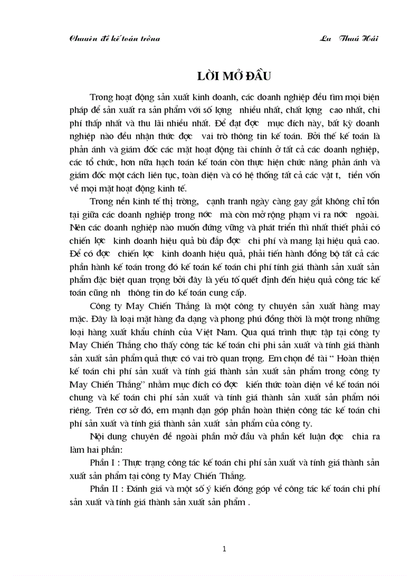 Thực trạng công tác kế toán chi phí sản xuất và tính giá thành sản xuất sản phẩm tại công ty May Chiến Thắng 1