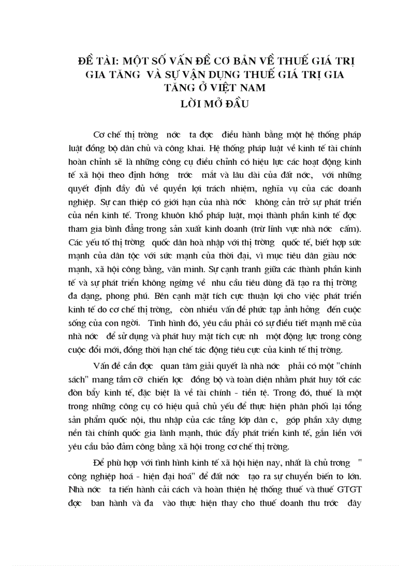 Một số vấn đề cơ bản về thuế giá trị gia tăng và sự vận dụng thuế giá trị gia tăng ở Việt Nam
