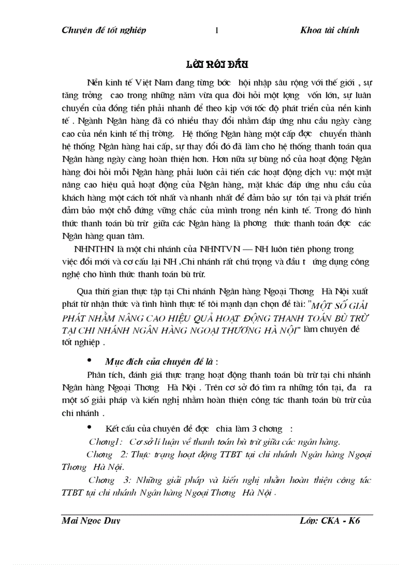 Một số giải phát nhằm nâng cao hiệu quả hoạt động thanh toán bù trừ tại chi nhánh ngân hàng Ngoại Thương Hà Nội