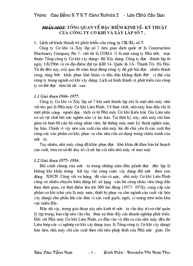 Tổng quan về đặc điểm kinh tế kỹ thuật của Công ty Cơ khí và Xây lắp số 7