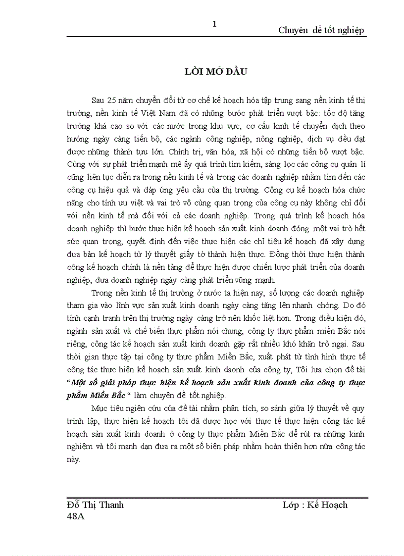 Một số giải pháp thực hiện kế hoạch sản xuất kinh doanh của công ty thực phẩm Miền Bắc