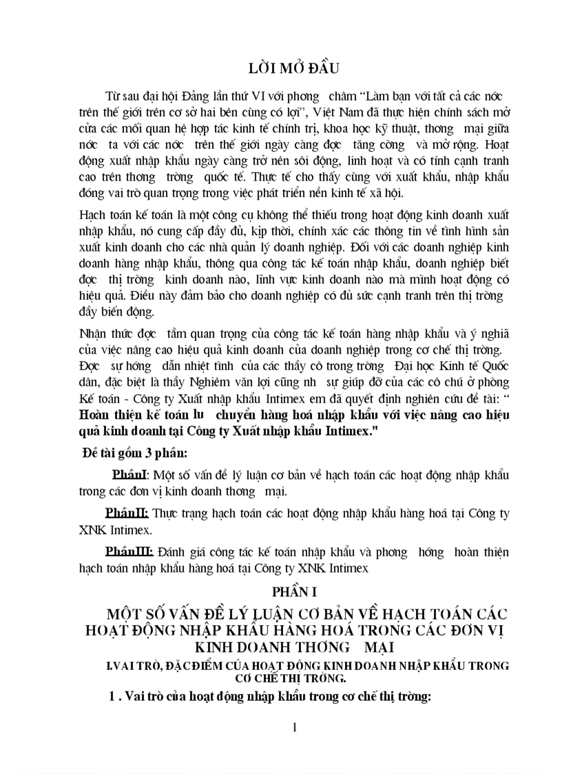 Hoàn thiện kế toán lưu chuyển hàng hoá nhập khẩu với việc nâng cao hiệu quả kinh doanh tại Công ty Xuất nhập khẩu Intimex 1