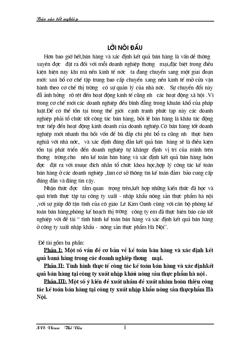 Tình hình kế toán bán hàng và xác định kết quả bán hàng ở công ty xuất nhập khẩu nông sản thực phẩm Hà Nội 1