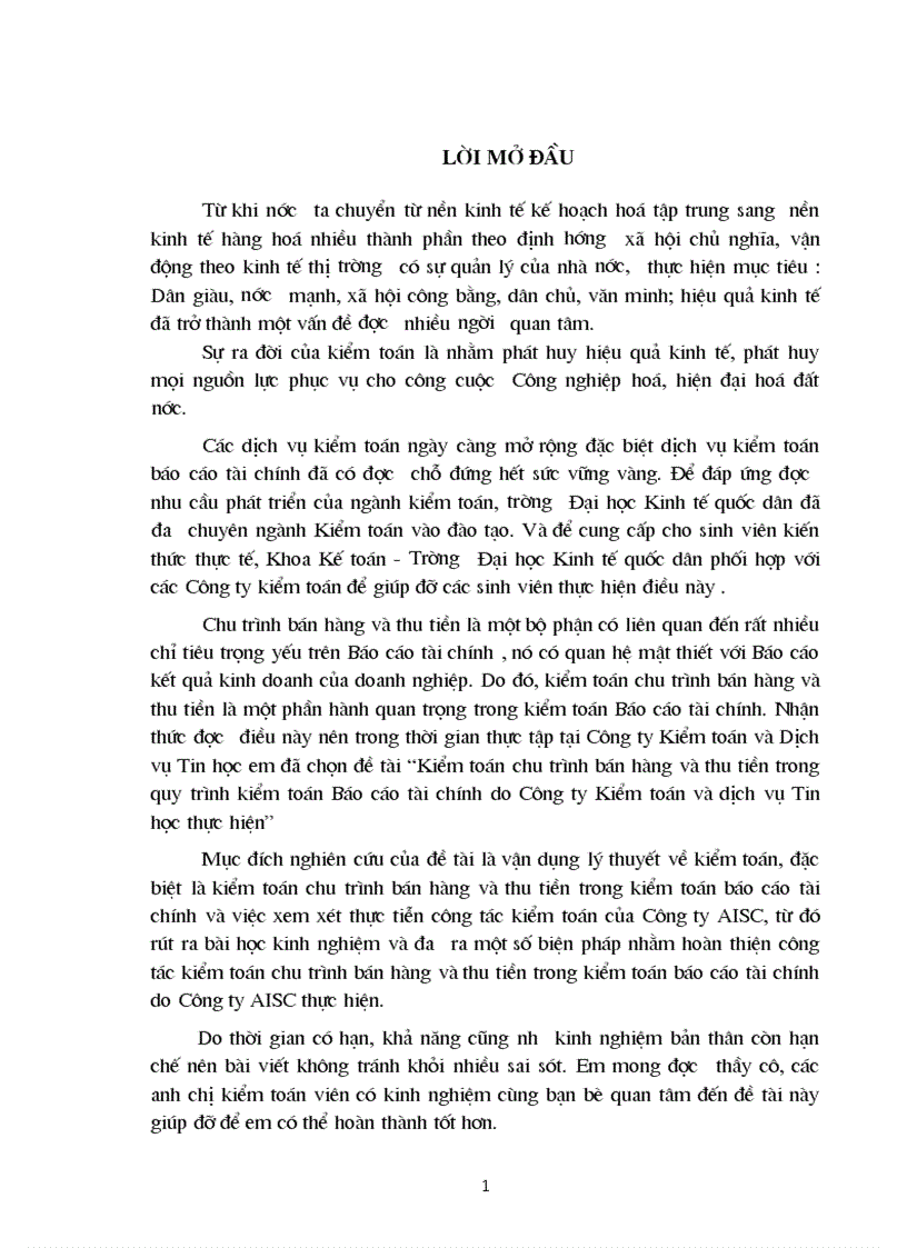 Kiểm toán chu trình bán hàng và thu tiền trong quy trình kiểm toán Báo cáo tài chính do Công ty Kiểm toán và dịch vụ Tin học thực hiện 1