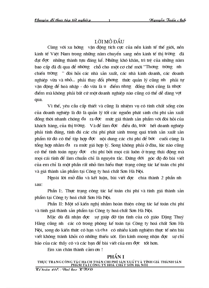 Một số kiến nghị nhằm hoàn thiện công tác kế toán chi phí và tính giá thành sản phẩm tại Công ty hoá chất Sơn Hà Nội 1