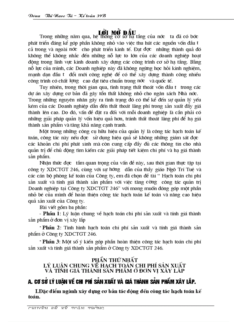 Hạch toán chi phí sản xuất và tính giá thành sản phẩm với việc tăng cường công tác quản trị Doanh nghiệp tại Công ty XDCTGT 246 1