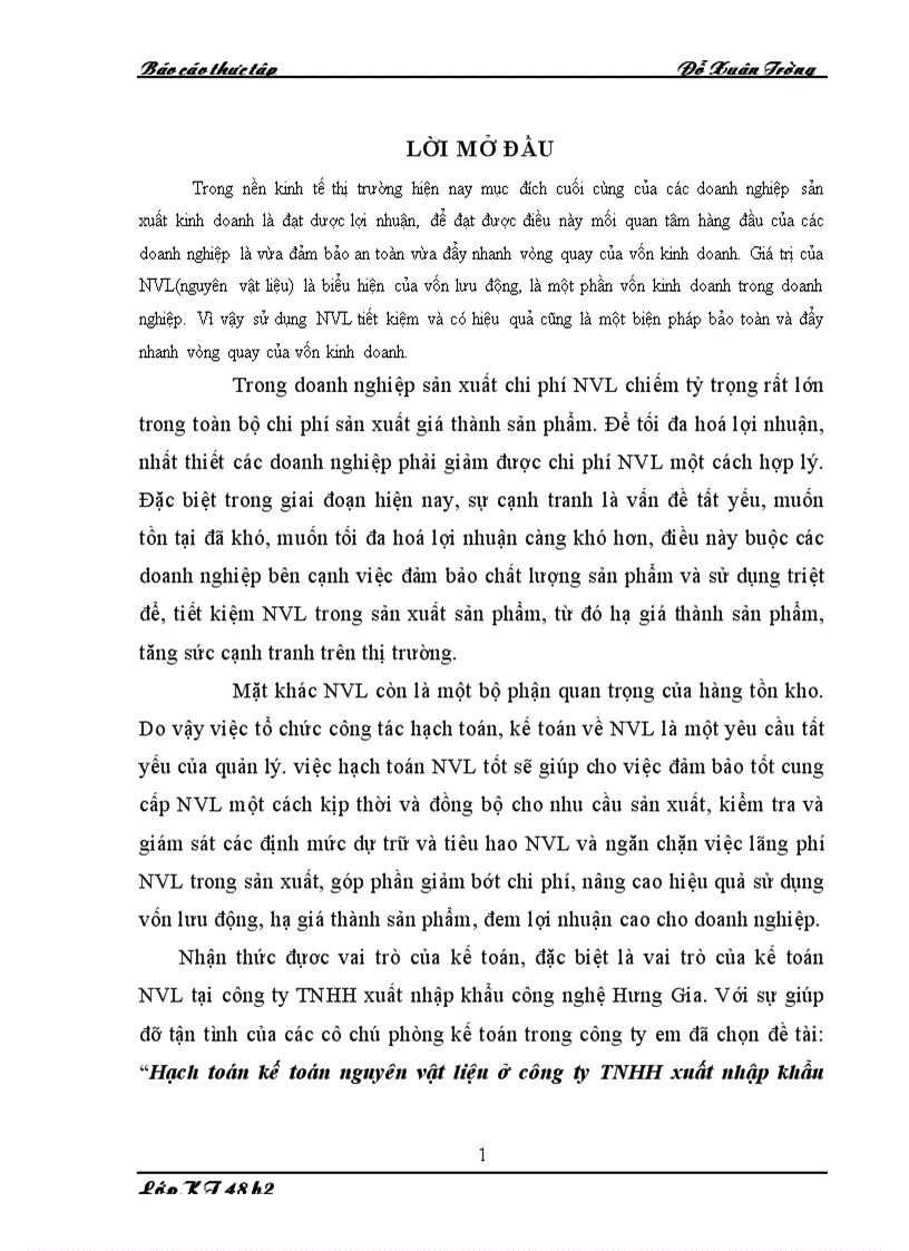 Hạch toán kế toán nguyên vật liệu ở công ty TNHH xuất nhập khẩu công nghệ Hưng Gia 1