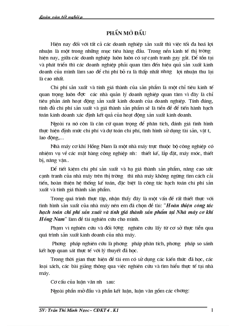 Hoàn thiện công tác hạch toán chi phí sản xuất và tính giá thành sản phẩm tại Nhà máy cơ khí Hồng Nam 1