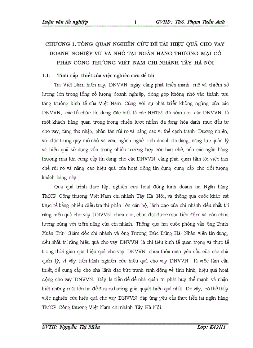 Phương pháp nghiên cứu và kết quả phân tích thực trạng hiệu quả cho vay DNV N của Ngân hàng TMCP Công thương Việt Nam chi nhánh Tây Hà Nội