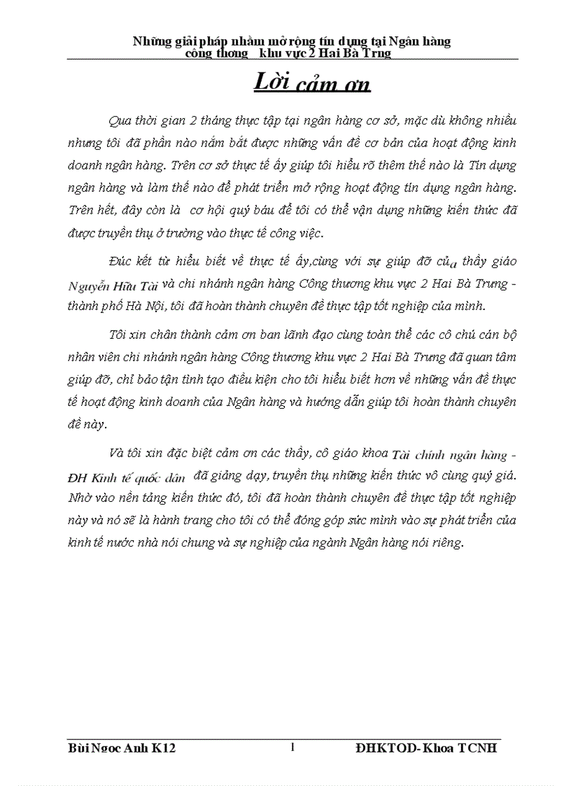 Những giải pháp nhằm mở rộng tín dụng tại chi nhánh Ngân hàng Công thương khu vực 2 Hai Bà Trưng thành phố Hà Nội 1
