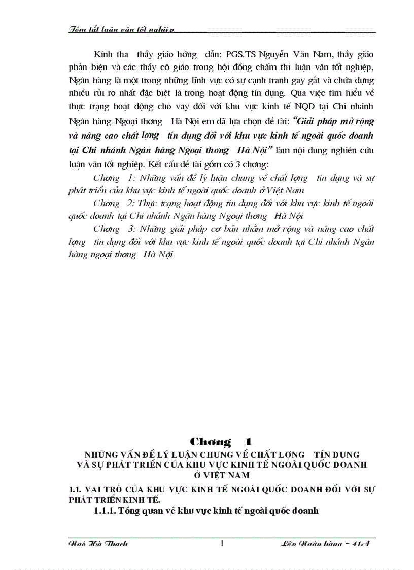 Giải pháp mở rộng và nâng cao chất lượng tín dụng đối với khu vực kinh tế ngoài quốc doanh tại Chi nhánh Ngân hàng Ngoại thương Hà Nội 1