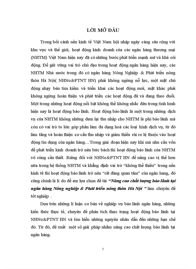 Nâng cao chất lượng bảo lãnh tại ngân hàng Nông nghiệp Phát triển nông thôn Hà Nội 1