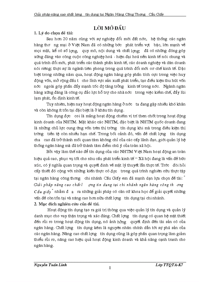 Giải pháp nâng cao chất lươợng tín dụng tại chi nhánh ngân hàng công thương Cầu giấy