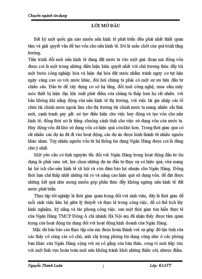 Báo cáo thực tập tại Ngân Hàng TMCP Đông Á chi nhánh Hà Nội 1