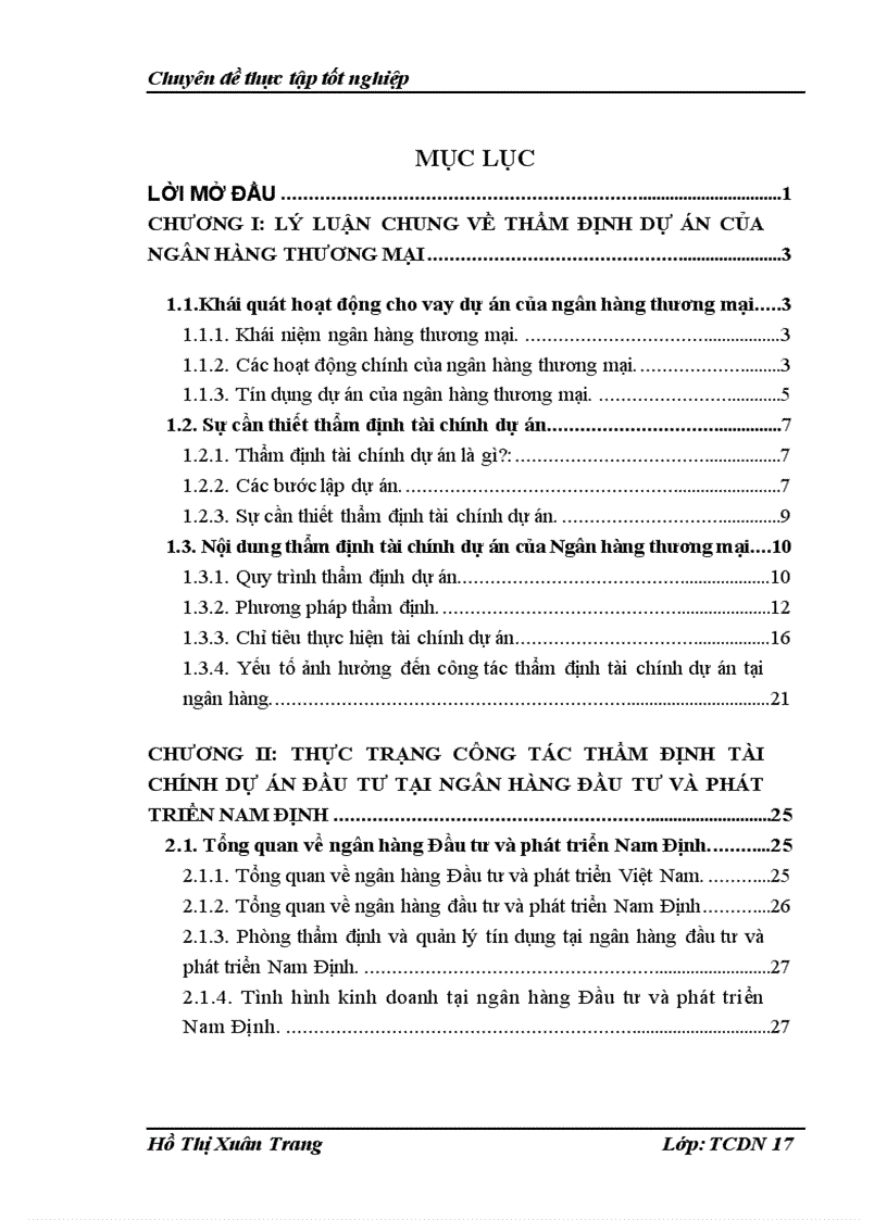 Nâng cao chất lượng công tác thẩm định tài chính dự án cho vay vốn tại chi nhánh Ngân hàng Đầu tư và phát triển Nam Định