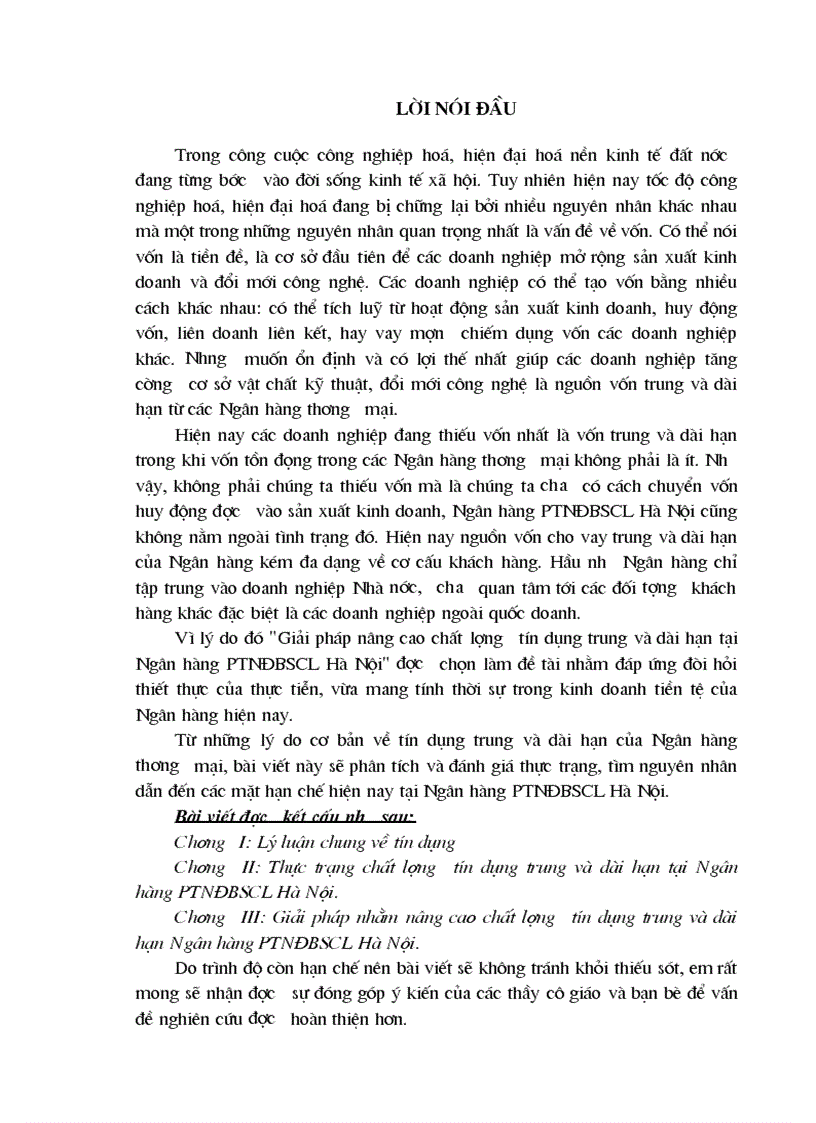 Giải pháp nâng cao chất lượng tín dụng trung và dài hạn tại Ngân hàng PTNĐBSCL Hà Nội 1