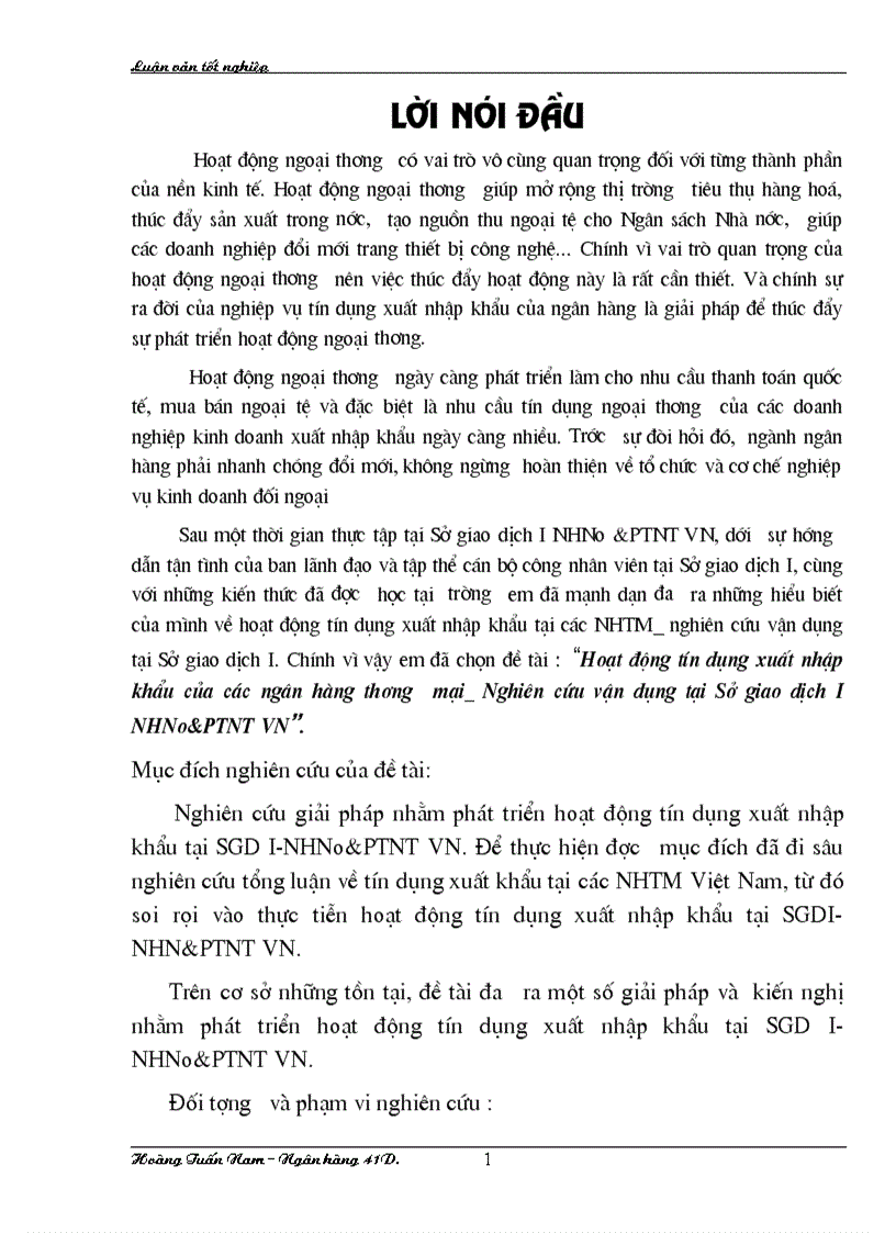 Hoạt động tín dụng xuất nhập khẩu của các ngân hàng thương mại Nghiên cứu vận dụng tại Sở giao dịch I NHNo PTNT VN