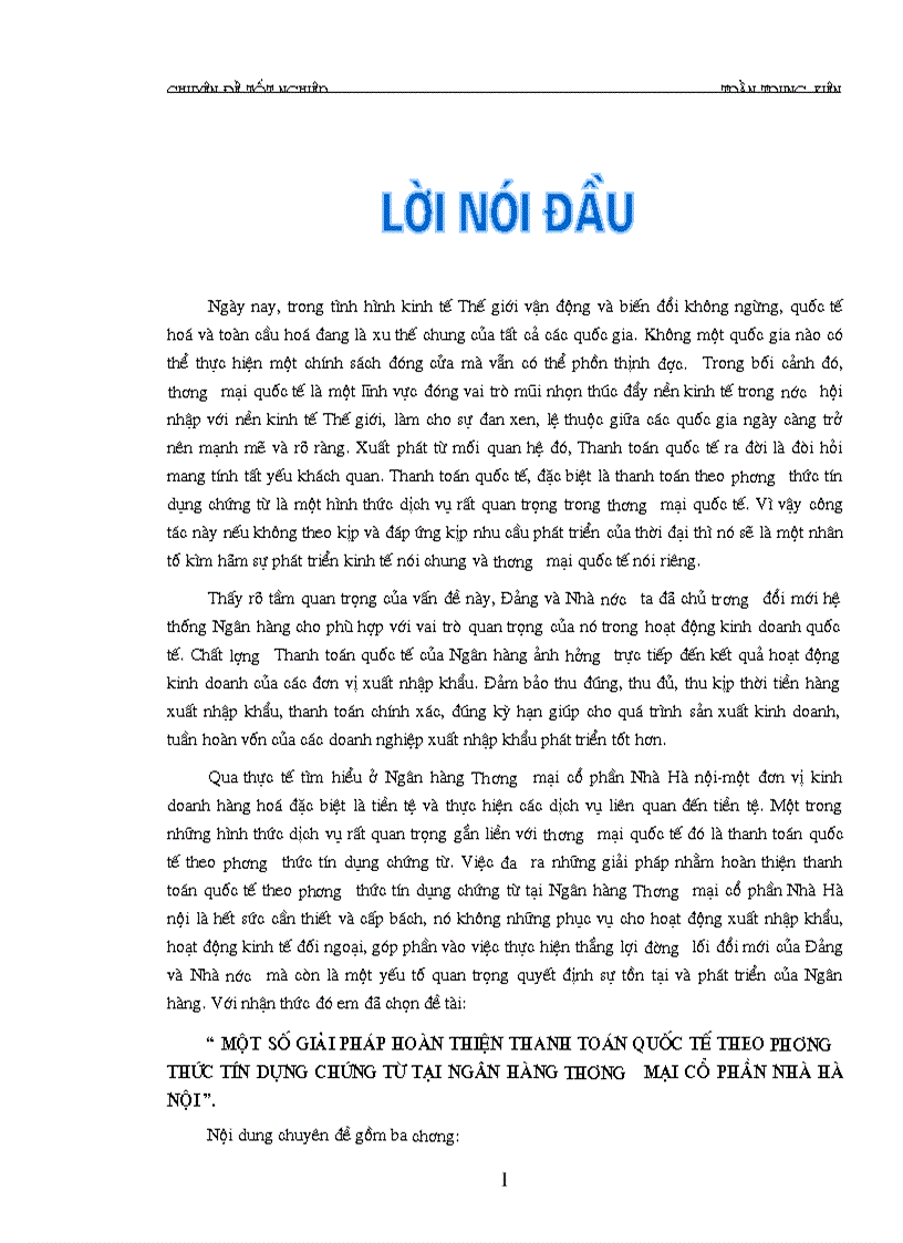 Một số kiến nghị và giải pháp hoàn thiện thanh toán quốc tế theo phương thức tín dụng chứng từ tại Ngân hàng thương mại cổ phần Nhà Hà nội