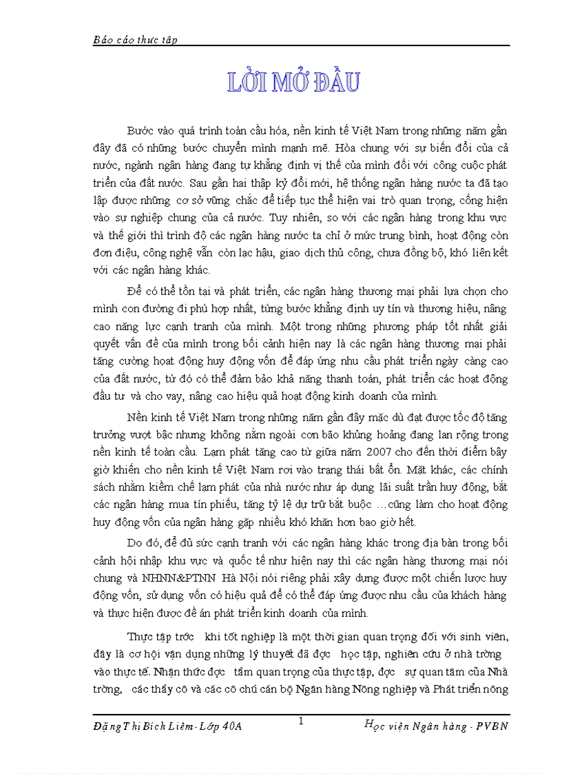 Báo cáo thực tập tại Ngân hàng Nông nghiệp và Phát triển nông thôn Hà Nội 1