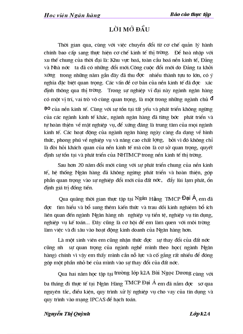 Báo cáo thực tập tại Ngân Hàng TMCP Đại Á