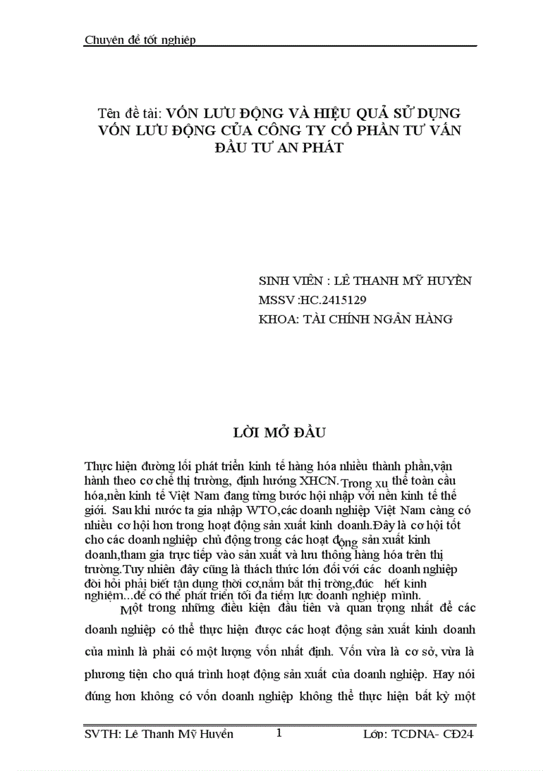Vốn lưu động và hiệu quả sử dụng vốn lưu động của công ty cổ phần tư vấn đầu tư An Phát