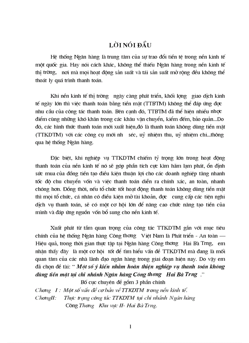 Một số ý kiến hoàn thiện nghiệp vụ thanh toán không dùng tiền mặt tại chi nhánh Ngân hàng Công thương Hai Bà Trưng