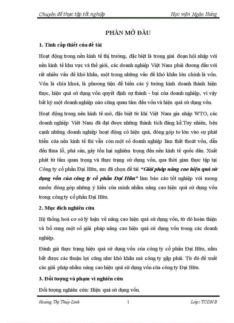 Giải pháp nâng cao hiệu quả sử dụng vốn của công ty cổ phần Đại Hữu