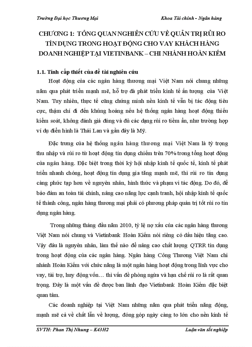 Quản trị rủi ro tín dụng trong hoạt động cho vay khách hàng doanh nghiệp tại vietinbank chi nhánh hoàn kiếm
