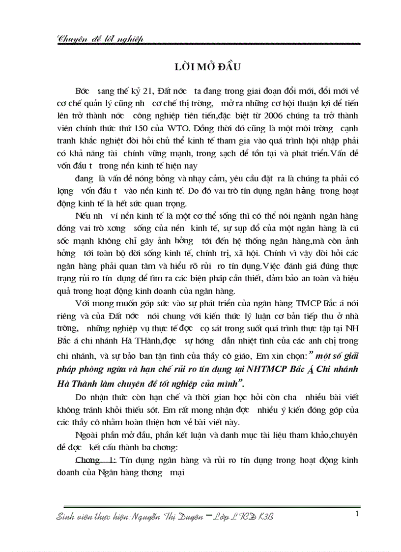 Những giải pháp và kiến nghị nhằm phòng ngừa hạn chế rủi ro tín dụng tại chi nhánh NHTMCP Bắc á Hà Thành