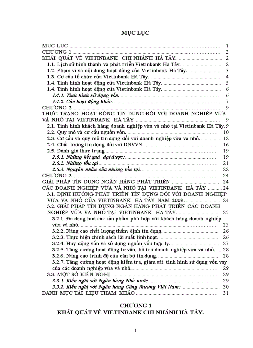 Thực trạng hoạt động tín dụng đối với doanh nghiệp vừa và nhỏ tại vietinbank hà tây