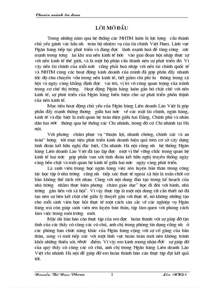 Báo cáo thực tập tại Ngân hàng Liên doanh Lào Việt chi nhánh Hà nội