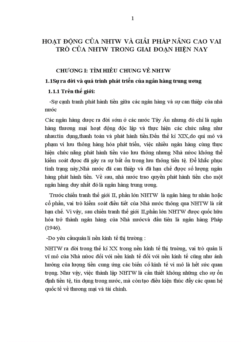 Hoạt động của nhtw và giải pháp nâng cao vai trò của nhtw trong giai đoạn hiện nay 1