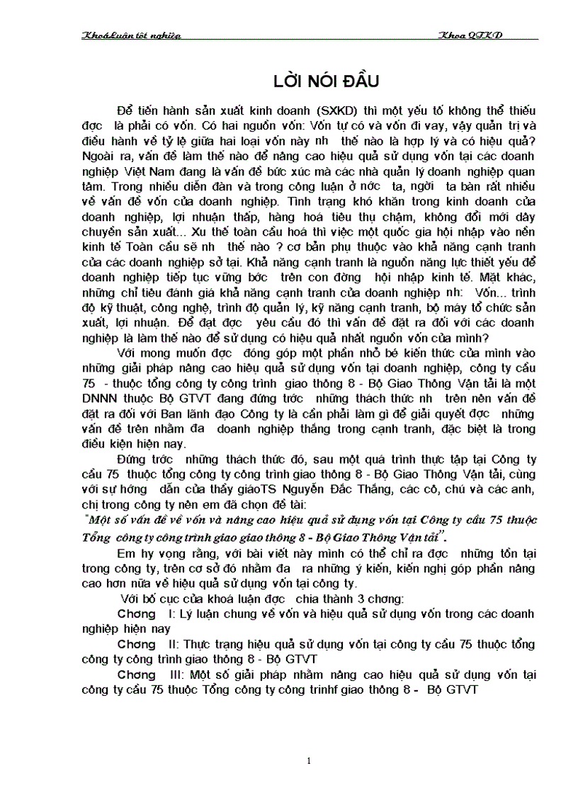 Một số vấn đề về vốn và nâng cao hiệu quả sử dụng vốn tại Công ty cầu 75 thuộc Tổng công ty công trình giao giao thông 8 Bộ Giao Thông Vận tải